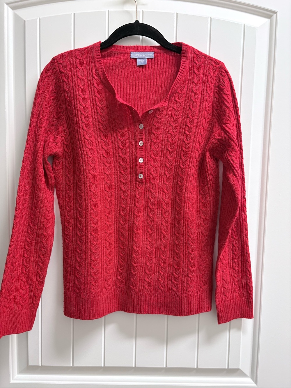 Laura Scott Red Cable-Knit Henley Sweater